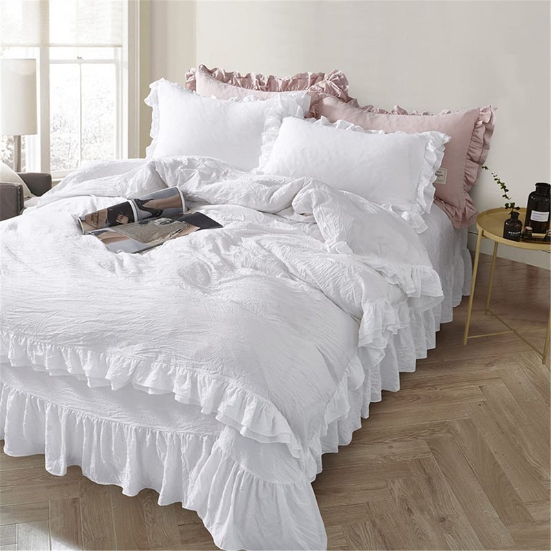 MOOWOO Ruffle Duvet Cover Set, Soft and Breathable Washed Microfiber 3pcs Bedding Set, Shabby Chic Farmhouse Duvet Cover and Pillow Shams, Zipper Closure & Corner Ties, Easy Care -(White, Queen) - Image 1